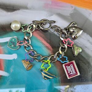 Juicy Couture Y2K Silver Tone Puffy Heart Vintage Charm Bracelet w/ Pastel Charm
